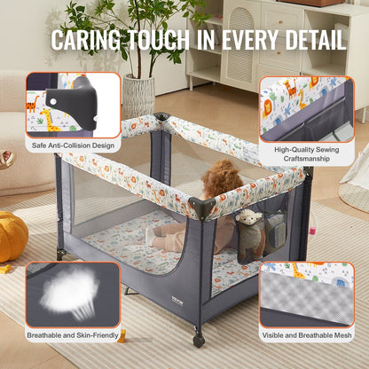 VEVOR Baby Playpen Travel Crib, Quick-Folding Playpen for Baby & Toddler, Portable Baby Fence Play Yard with Wheels, Breathable Mesh & Travel Bag, Indoor/Outdoor Kids Activity Center for 0-36 Months